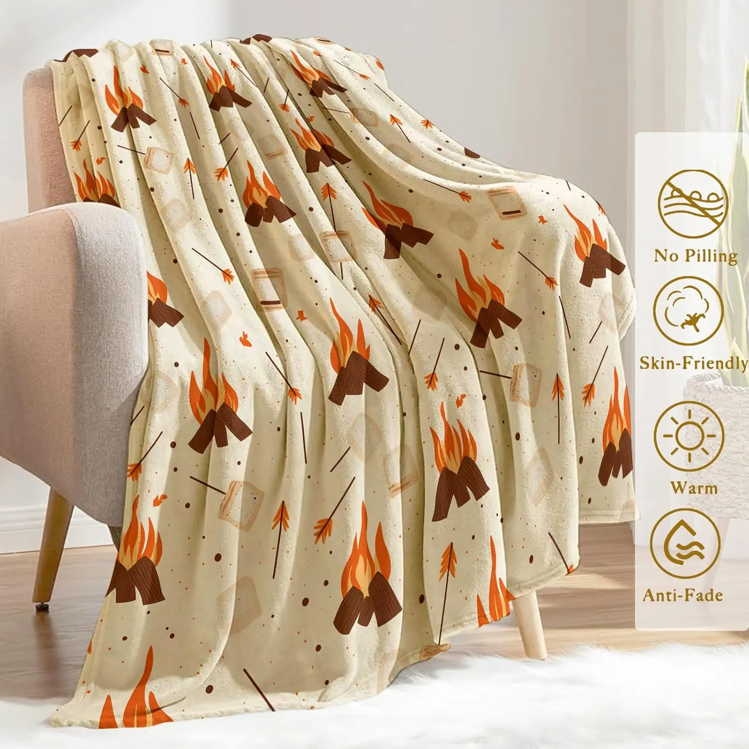 Campfire Fleece Blanket - Lightweight Soft Cozy Gifts Throw for Camper Lovers,Women,Adult,Toasted Marshmallow Flame Blankets,Home Room Relaxing Night Indoors Modern Artistic Decor 50x60in