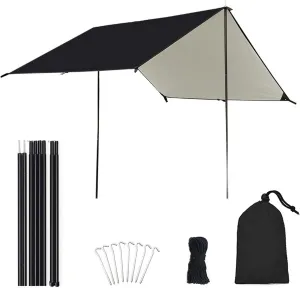 Camping Canopy, Outdoor Camping Hiking Backpacking Tarp Rain Fly Camping Tarp Camping Tarp Waterproof with Poles Waterproof UV Sun Shade for Camping Hiking Travel Picnic Awning