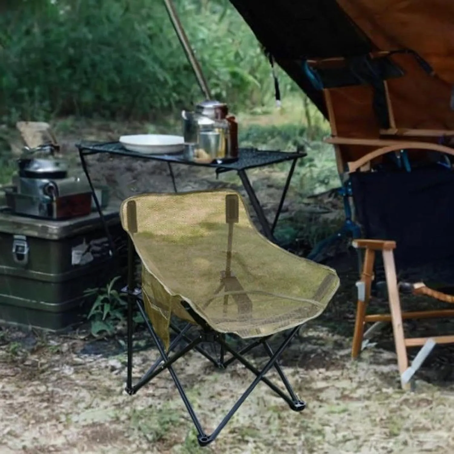 Camping Chair Folding Chair Heavy Duty Stable Outdoor Furniture for Adults with Storage Bag for BBQ Lawn Yard Garden Patio, Khaki