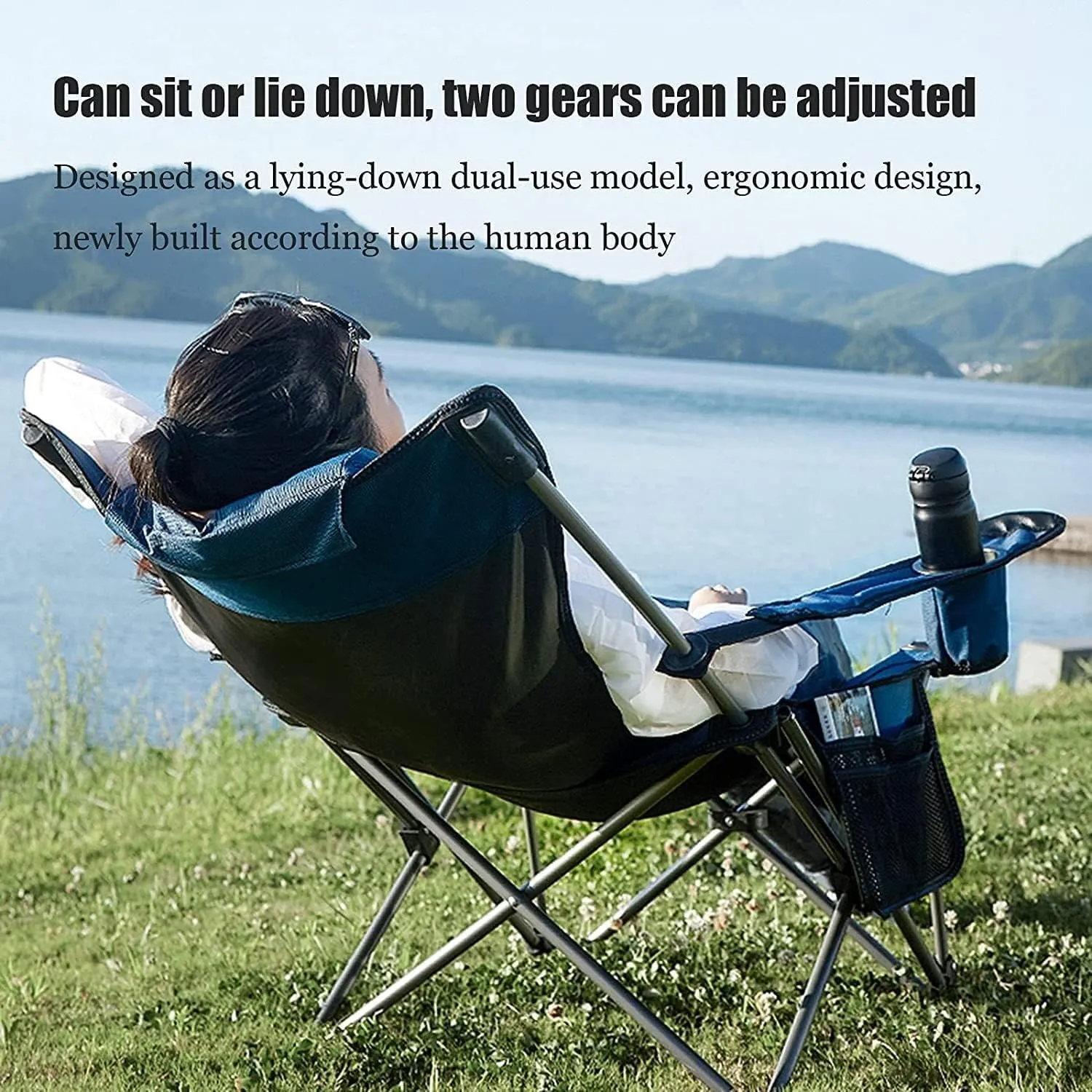 Camping Chair Outdoor Folding Chair Portable Lawn Folding Seat Armchair with Cup Holder Pillow and Carry Bag Leisure Recliner Stool Folding Chair (Color : Blue) (Grün On