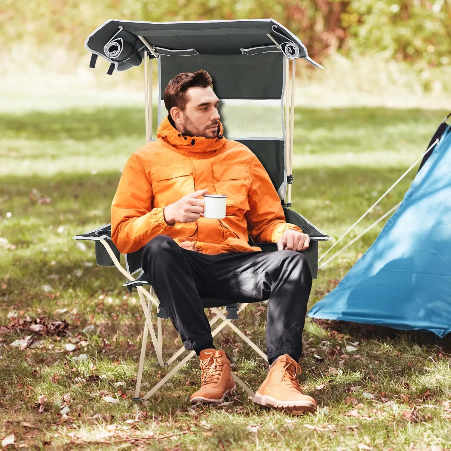 Camping Chair with Canopy, Sports Chairs for Adults, Canopy Chair with Removable Footrest, Ice Fishing Chair with Cupholder, Cooler, Heavy Duty for Outdoor Activities (2 Pack)