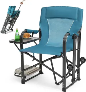 Camping Chairs for Adults - Outdoor Folding Camp Chair with Side Table Heavy Duty Oversized Foldable Whlees Directors Chair for Lawn Beach Patio Sports Picnic (Blue)