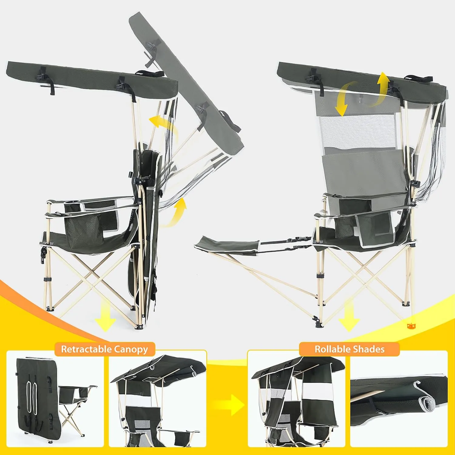 Camping Chairs with Shade, Sports Chair with Canopy, Folding Camping Chair, with Cooler and Cup Holder Foldable and Lightweight for Camping, Sports, Events & Patio (2-Pack with Footrest)