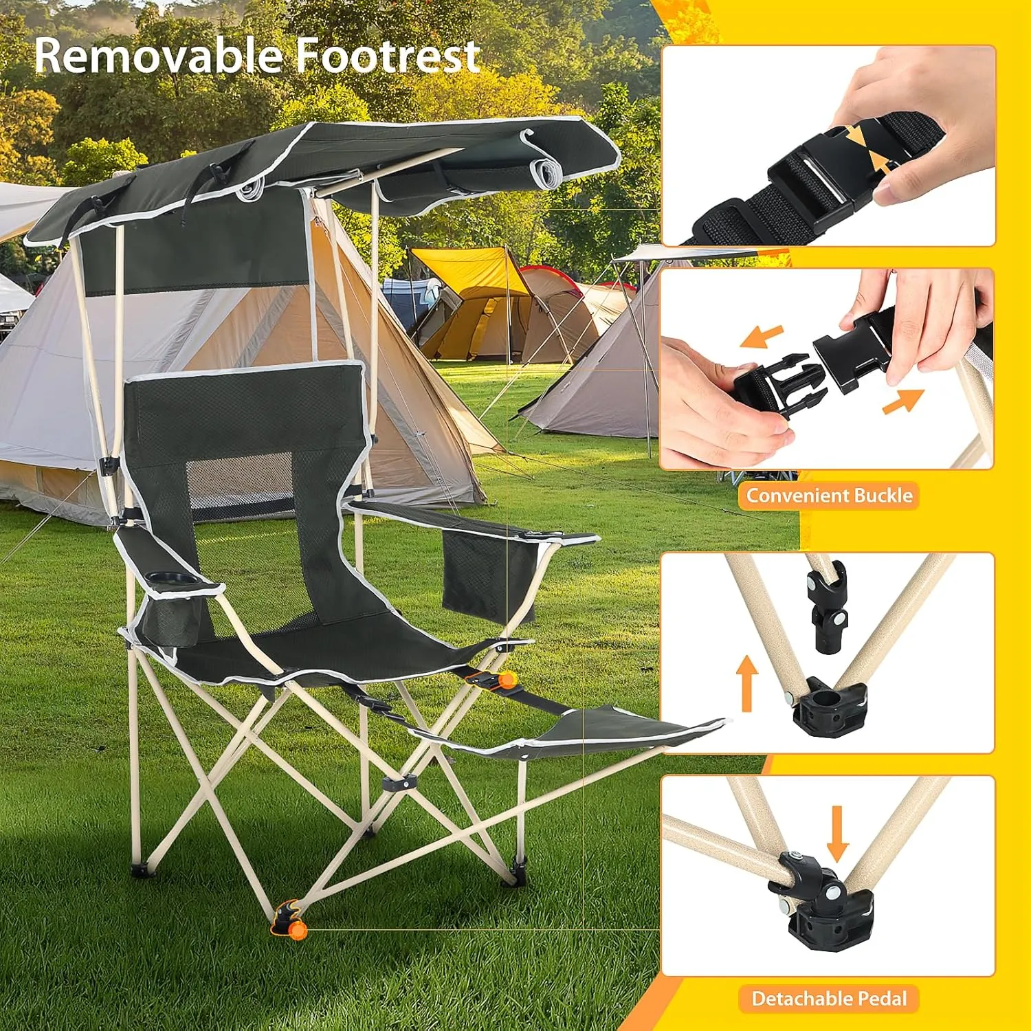 Camping Chairs with Shade, Sports Chair with Canopy, Folding Camping Chair, with Cooler and Cup Holder Foldable and Lightweight for Camping, Sports, Events & Patio (2-Pack with Footrest)