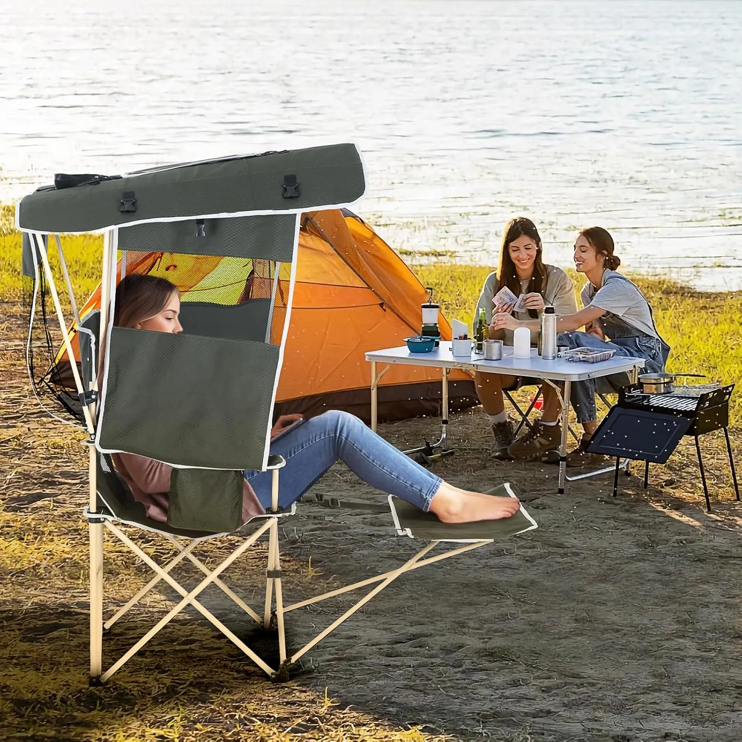 Camping Chairs with Shade, Sports Chair with Canopy, Folding Camping Chair, with Cooler and Cup Holder Foldable and Lightweight for Camping, Sports, Events & Patio (2-Pack with Footrest)