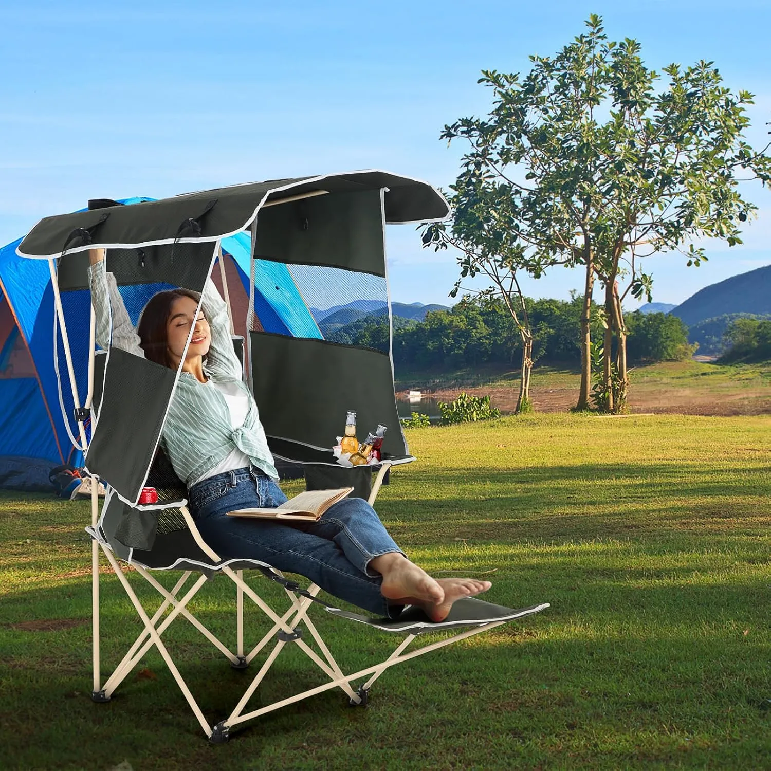 Camping Chairs with Shade, Sports Chair with Canopy, Folding Camping Chair, with Cooler and Cup Holder Foldable and Lightweight for Camping, Sports, Events & Patio (2-Pack with Footrest)
