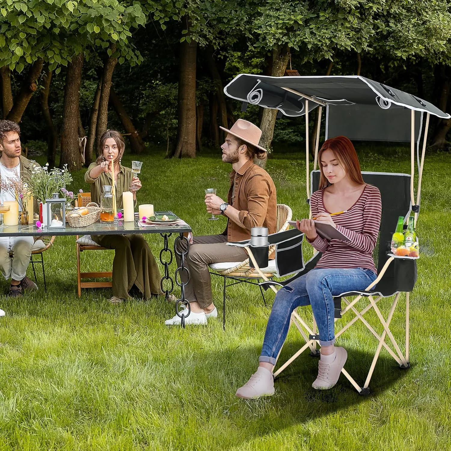 Camping Chairs with Shade, Sports Chair with Canopy, Folding Camping Chair, with Cooler and Cup Holder Foldable and Lightweight for Camping, Sports, Events & Patio (2-Pack with Footrest)
