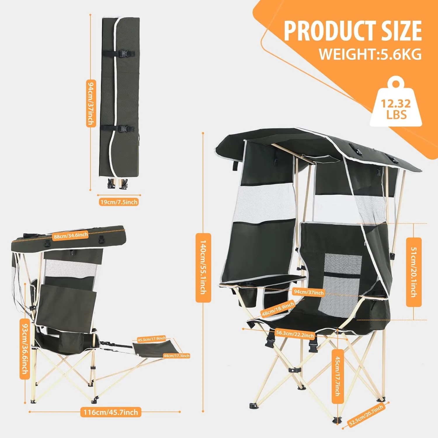 Camping Chairs with Shade, Sports Chair with Canopy, Folding Camping Chair, with Cooler and Cup Holder Foldable and Lightweight for Camping, Sports, Events & Patio (2-Pack with Footrest)