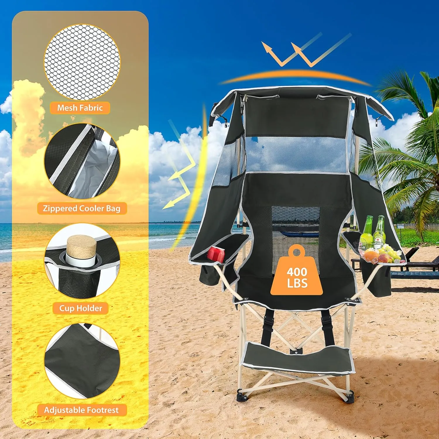 Camping Chairs with Shade, Sports Chair with Canopy, Folding Camping Chair, with Cooler and Cup Holder Foldable and Lightweight for Camping, Sports, Events & Patio (2-Pack with Footrest)