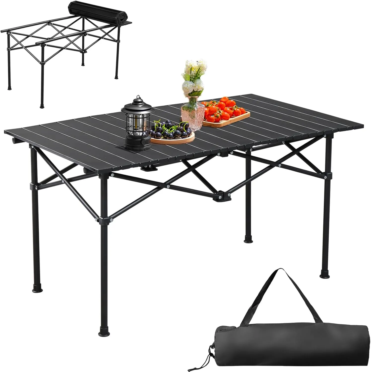 Camping Folding Table Outdoor Picnic Table Portable Fold Up Backpacking Tables,Ultralight Collapsible Tables,Roll up Surface Lightweight,X-Frame Steel Legs,for Picnic,Hiking,Fish,Grill,37x20 In,Black