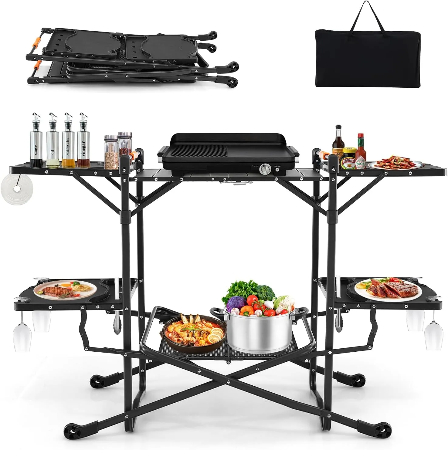 Camping Kitchen Station, Folding Outdoor Cooking Table with a Heat Resistant Tabletop, 4 Side Tables, Storage Rack, Quick Set-up, Portable Grill Table for Outside Picnic BBQ RV Tailgate