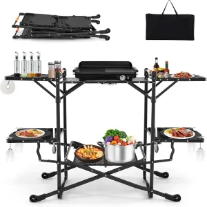 Camping Kitchen Station, Folding Outdoor Cooking Table with a Heat Resistant Tabletop, 4 Side Tables, Storage Rack, Quick Set-up, Portable Grill Table for Outside Picnic BBQ RV Tailgate