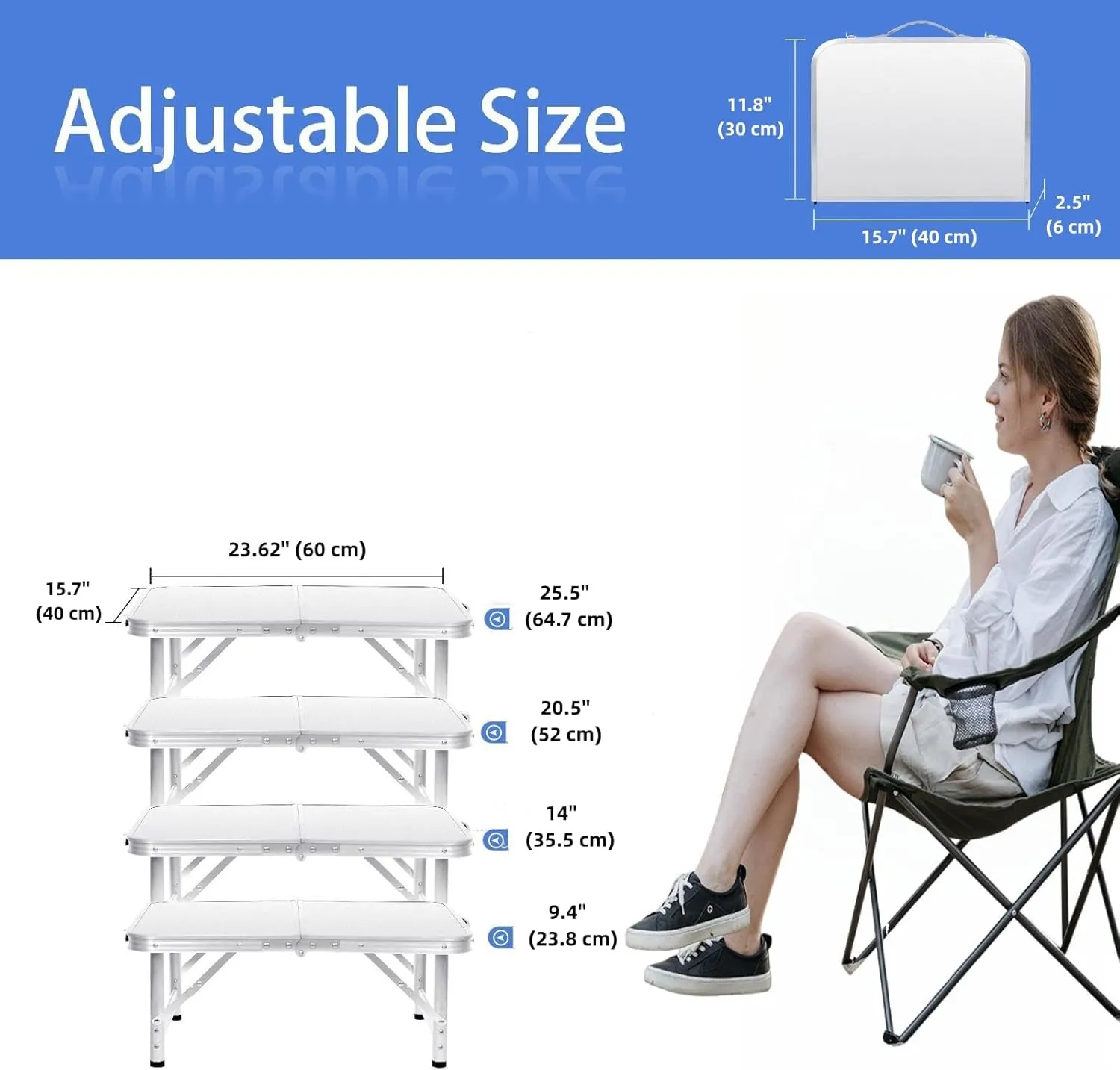 Camping Table 4 Height Adjustable Small Folding Table 2FT Foldable Portable Picnic Table Metal Aluminum Outdoor for Beach BBQ RV Black 23.6×15.7 inch