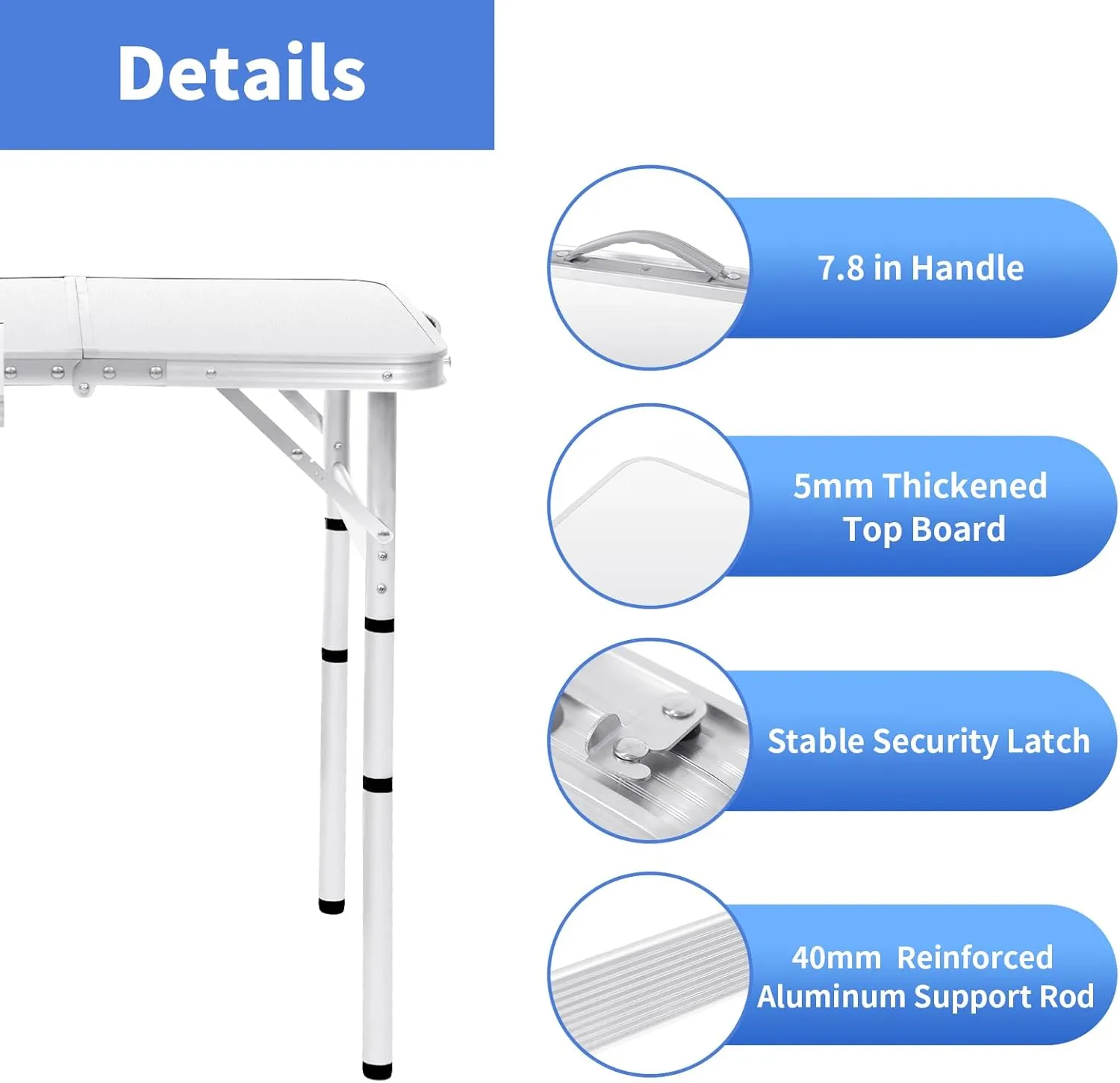 Camping Table 4 Height Adjustable Small Folding Table 2FT Foldable Portable Picnic Table Metal Aluminum Outdoor for Beach BBQ RV Black 23.6×15.7 inch
