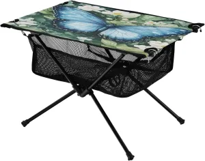 Camping Table Lightweight Portable Folding Table with Mesh Storage Net Butterfly Flower White Ideal for Camping Hiking Beach Picnic Travel Backyard