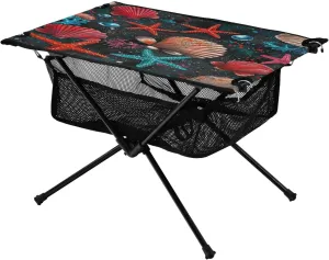 Camping Table Lightweight Portable Folding Table with Mesh Storage Net Ocean Themed Red Conch Starfish Ideal for Camping Hiking Beach Picnic Travel Backyard