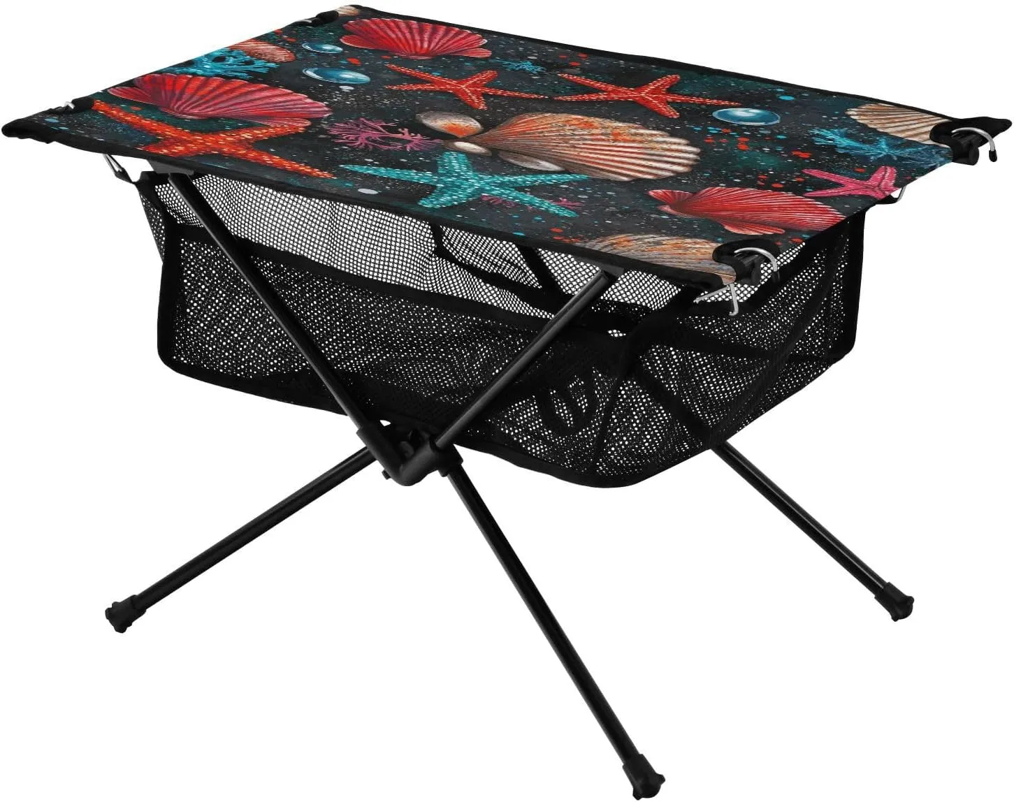 Camping Table Lightweight Portable Folding Table with Mesh Storage Net Ocean Themed Red Conch Starfish Ideal for Camping Hiking Beach Picnic Travel Backyard
