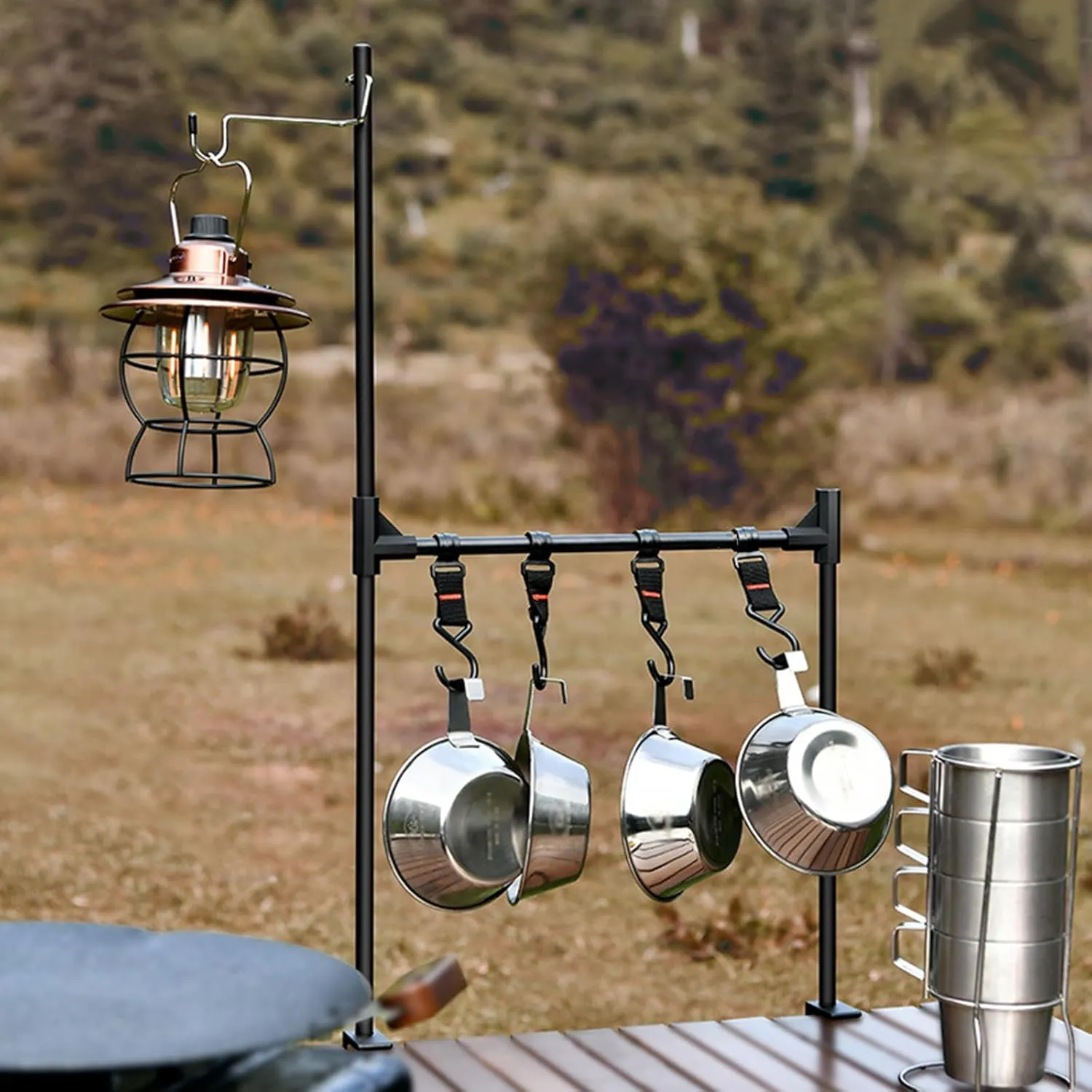 Camping Table Storage Rack Multifunctional Aluminum Table Stand with Lantern Stand Outdoor Portable Triangle Rack for Camping Hiking BBQ Courtyard Campfire Party Cookware Clothes Drying