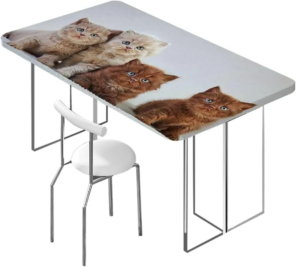 Caramel White Rectangle Elastic Fitted Tablecloth Hipster Cat Cute Kitten Feline Elastic Edge Fitted Tablecloth for Rectangle Table Animal Fits up 4 Foot Tables