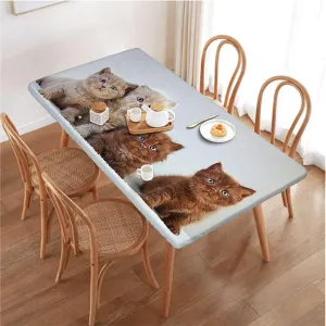 Caramel White Rectangle Elastic Fitted Tablecloth Hipster Cat Cute Kitten Feline Elastic Edge Fitted Tablecloth for Rectangle Table Animal Fits up 4 Foot Tables