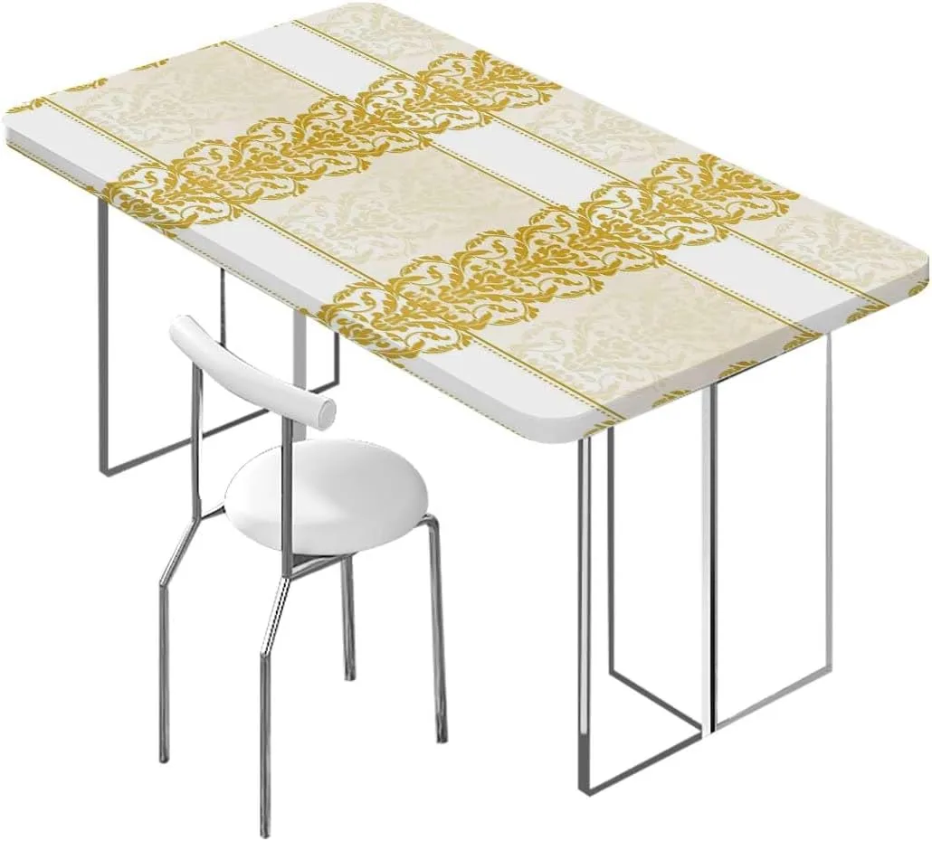 Caramel Yellow Rectangle Elastic Fitted Tablecloth Antique Mild Ombre Shade Gothic Victorian Polyester Fitted Waterproof Outdoor Tablecloth Protector with Elastic Damask Fits up 5 Foot Tables