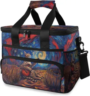 Cat Oil Painting Starry Sky Cooler Bag Insulated Cooler Soft Sided Cooler 24 Can Portable Picnic Bag Large Leakproof Lunch Bag Box for Beach Grocery Camping Travel Car Men Women