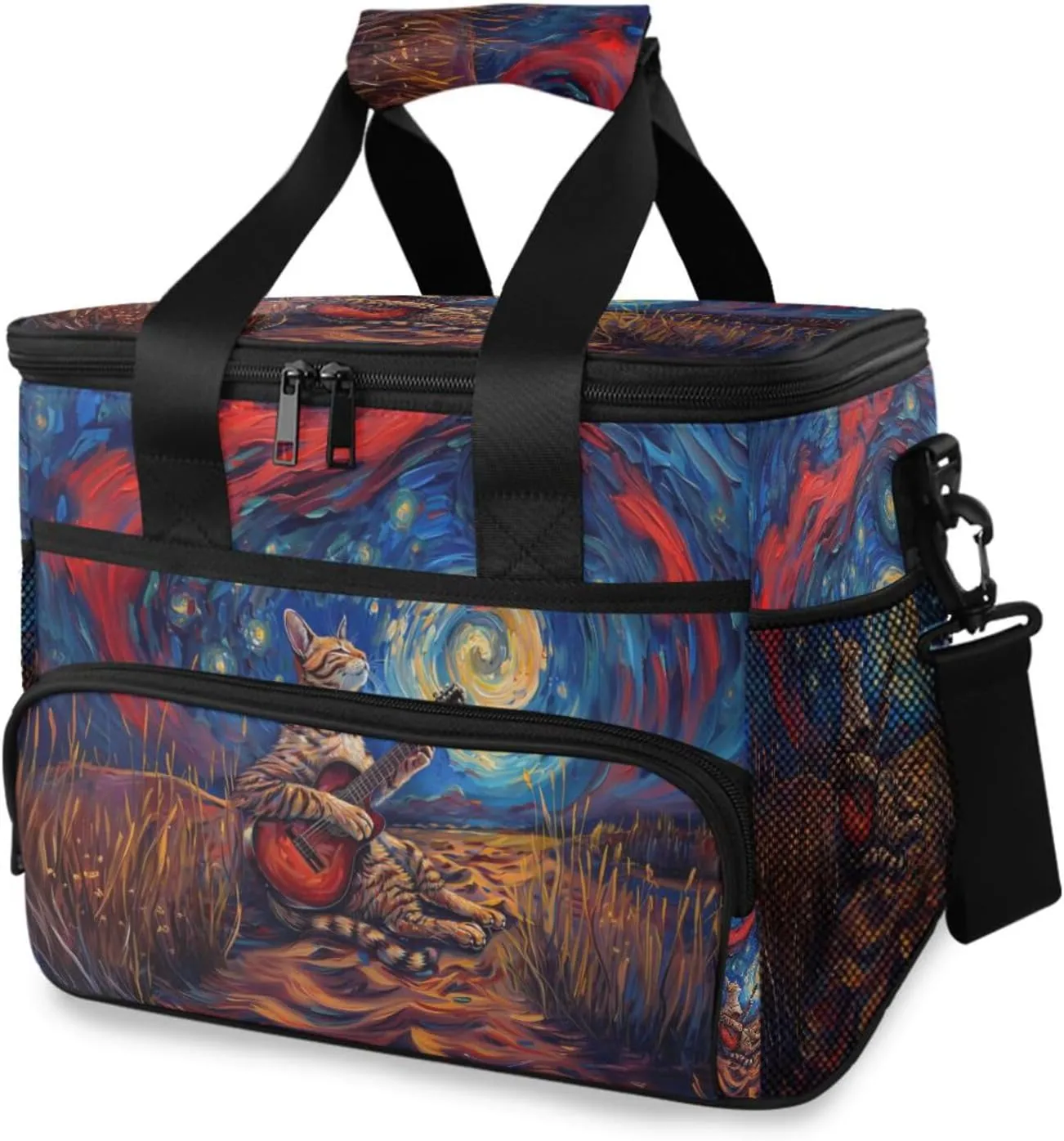 Cat Oil Painting Starry Sky Cooler Bag Insulated Cooler Soft Sided Cooler 24 Can Portable Picnic Bag Large Leakproof Lunch Bag Box for Beach Grocery Camping Travel Car Men Women