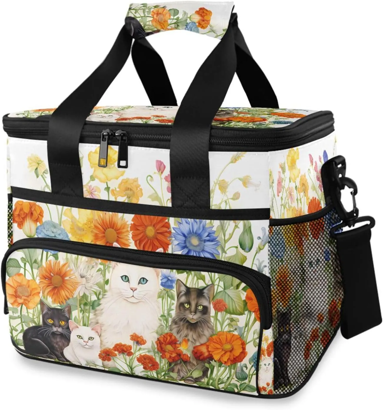 Cat Poppy Flower Bohemian Cooler Bag Insulated Cooler Soft Sided Cooler 24 Can Portable Picnic Bag Large Leakproof Lunch Bag Box for Beach Grocery Camping Travel Car Men Women