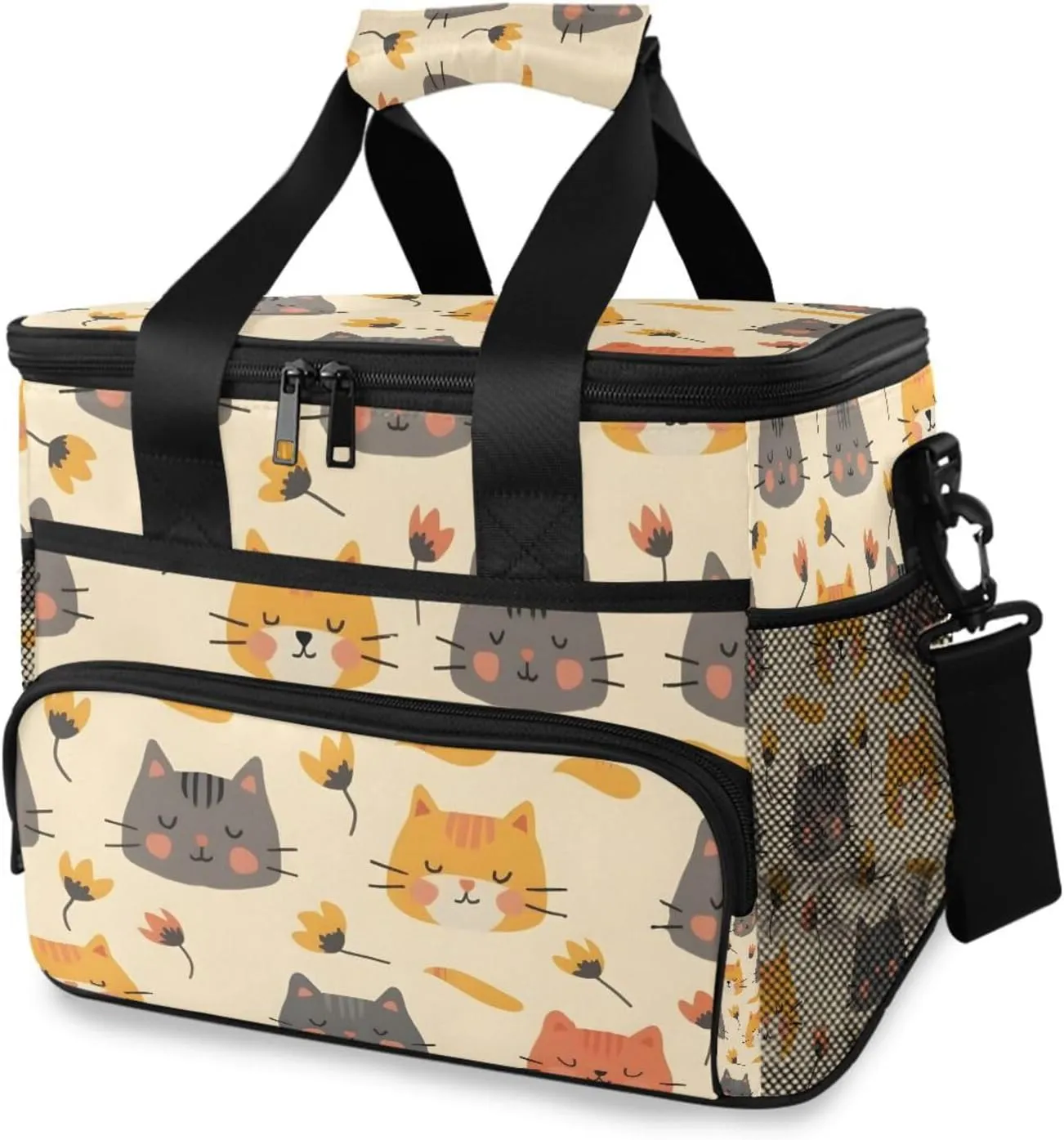 Cats Flowers Yellow Cooler Bag Insulated Cooler Soft Sided Cooler 24 Can Portable Picnic Bag Large Leakproof Lunch Bag Box for Beach Grocery Camping Travel Car Men Women
