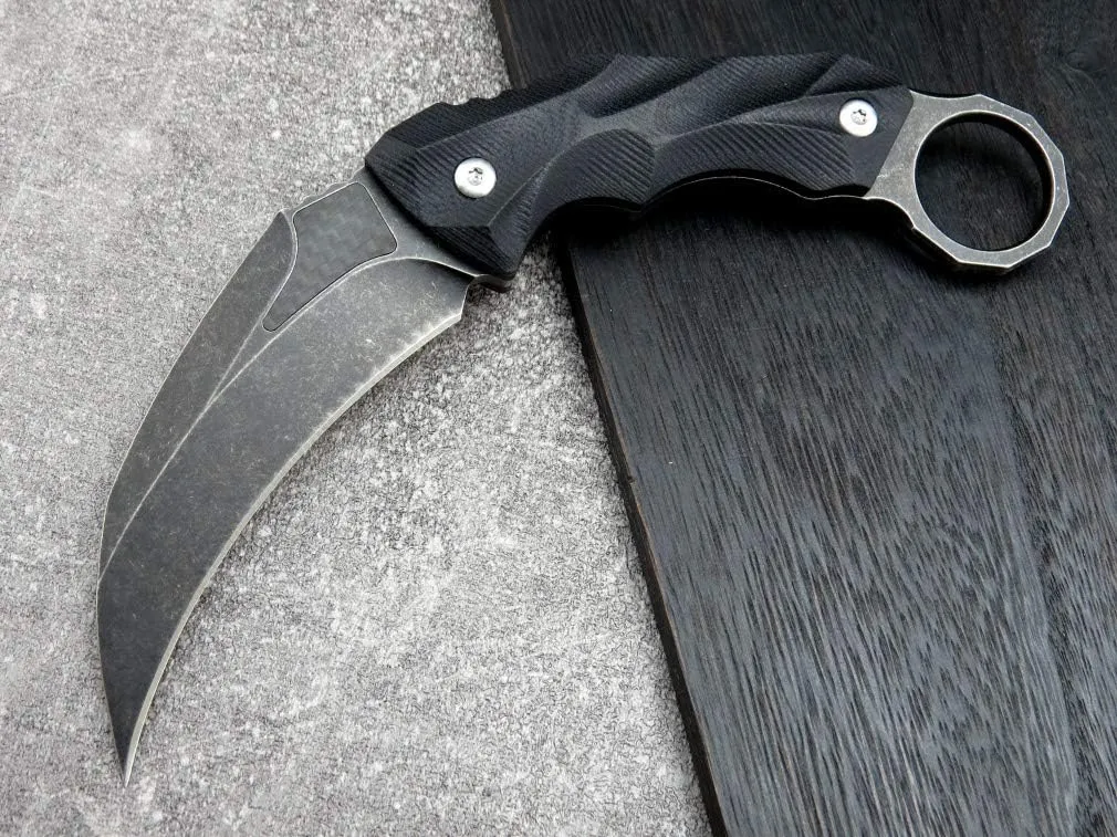 Ccanku C1692 Outdoor Knife with Carbon Fiber Fixed Blade, D2 Steel G10 Handle, 4 Inches, Camping EDC Tool, Survival, Claw Teeth, Kydex Sheath (Black)
