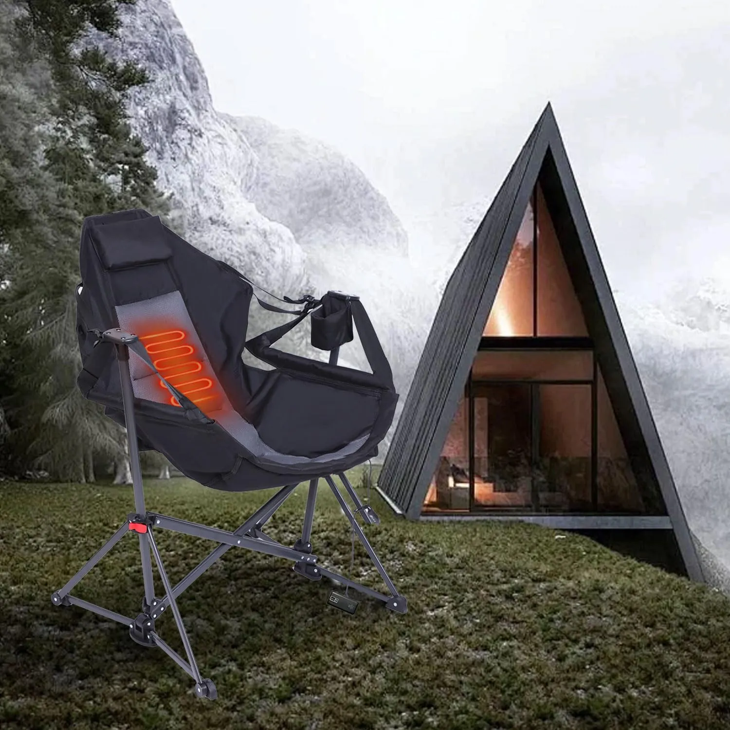 CDEN Heated Hammock Chair, Heated Camping Chair, Heated Swing Chair, Heavy Duty, with Stand, Cup Holder, Side Bag, Power Bank Included, for Patio, Camping, Backyard (2 Pack)