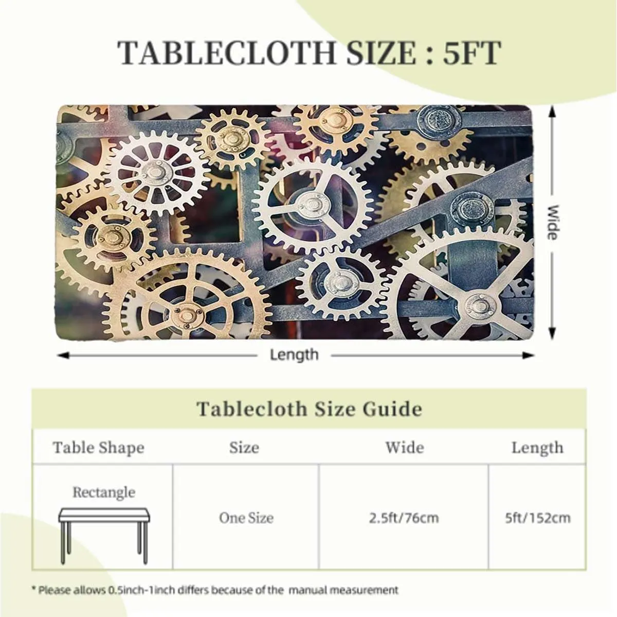 Charcoal Grey Gold Rectangle Tables Decor Clock Technology Clock Gears Tablecloth Great for Indoor and Outdoor Dining and Playing Cards Style of Steampunk Fits up 5 Foot Tables