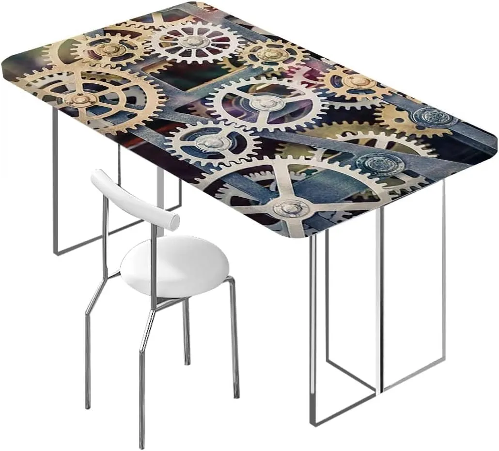Charcoal Grey Gold Rectangle Tables Decor Clock Technology Clock Gears Tablecloth Great for Indoor and Outdoor Dining and Playing Cards Style of Steampunk Fits up 5 Foot Tables