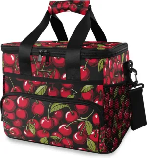 Cherry Flower Leaves Black Cooler Bag Insulated Cooler Soft Sided Cooler 24 Can Portable Picnic Bag Large Leakproof Lunch Bag Box for Beach Grocery Camping Travel Car Men Women