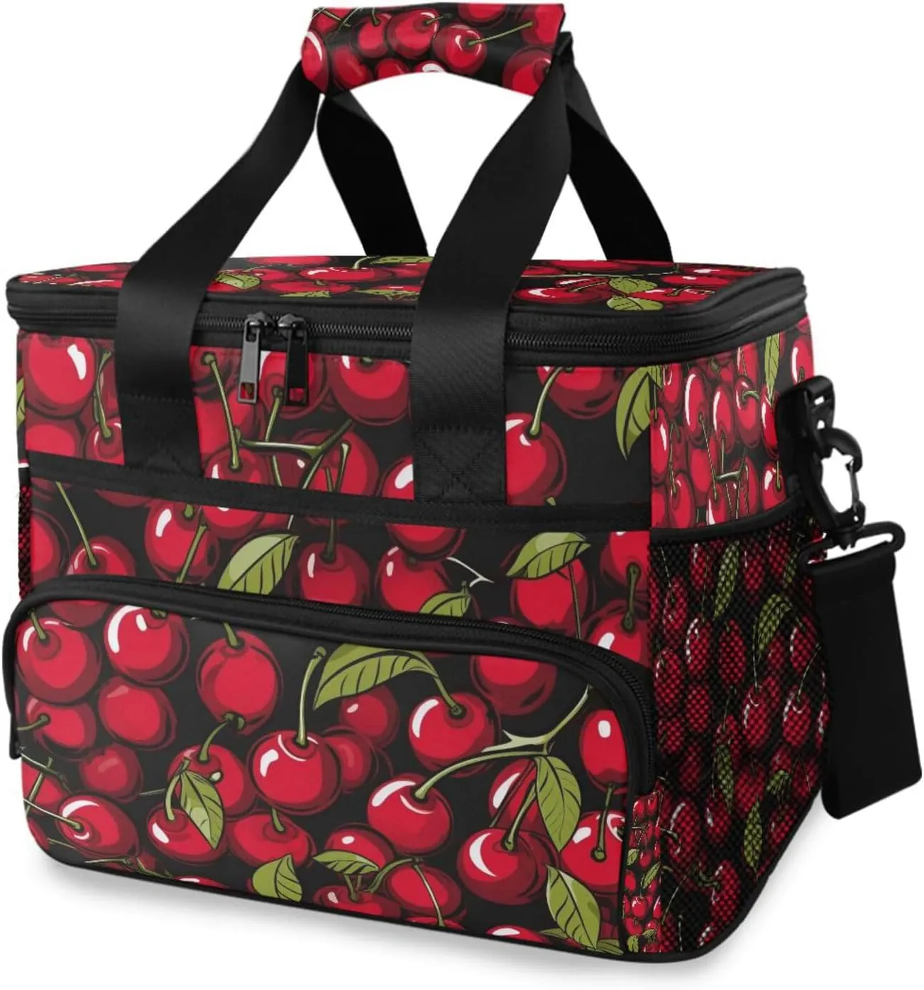 Cherry Flower Leaves Black Cooler Bag Insulated Cooler Soft Sided Cooler 24 Can Portable Picnic Bag Large Leakproof Lunch Bag Box for Beach Grocery Camping Travel Car Men Women