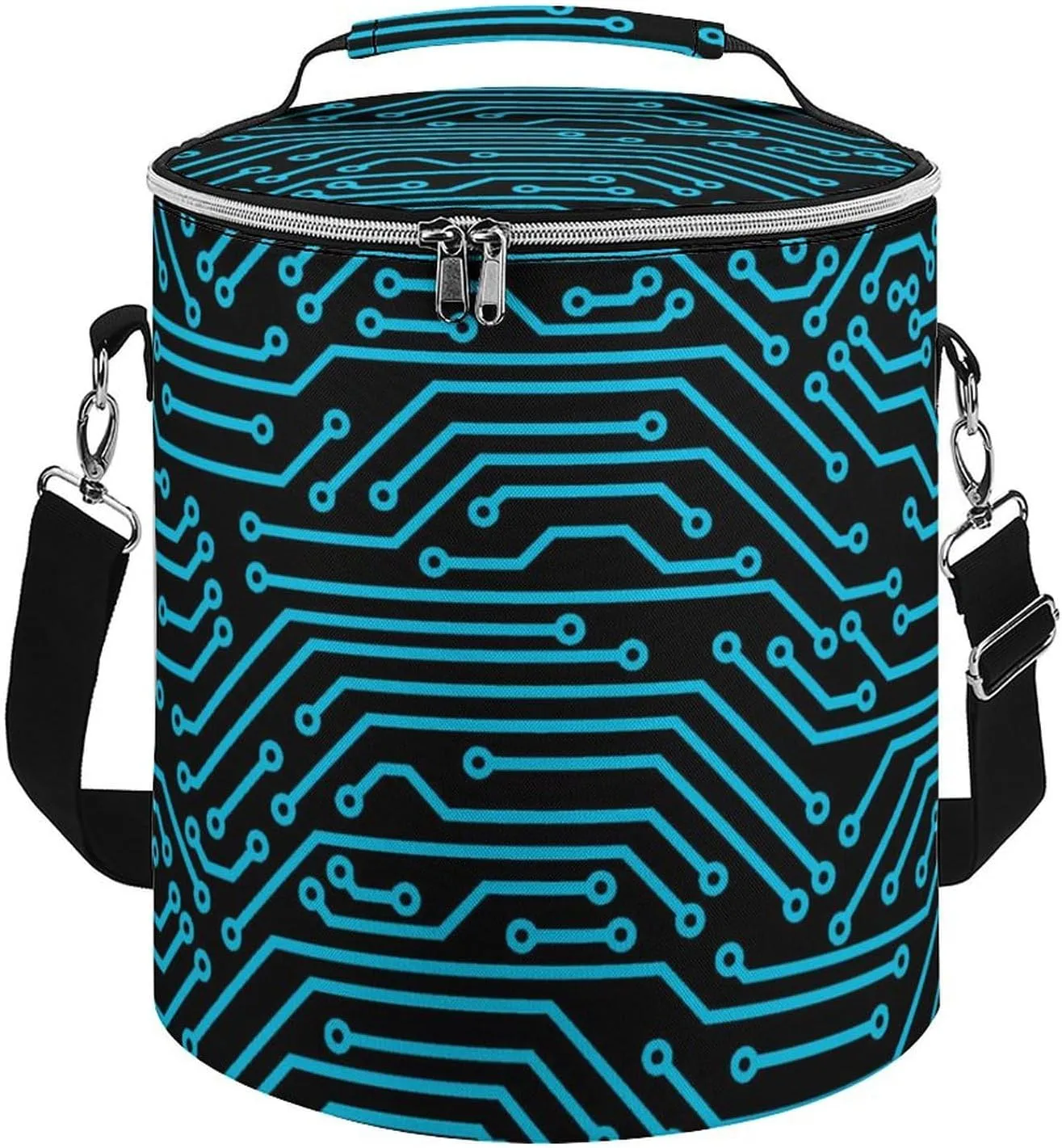 Circuit Board Cylindrical Cooler Bag with Handle Portable Lunch Bags Adjustable Shoulder Straps Insulation Tote