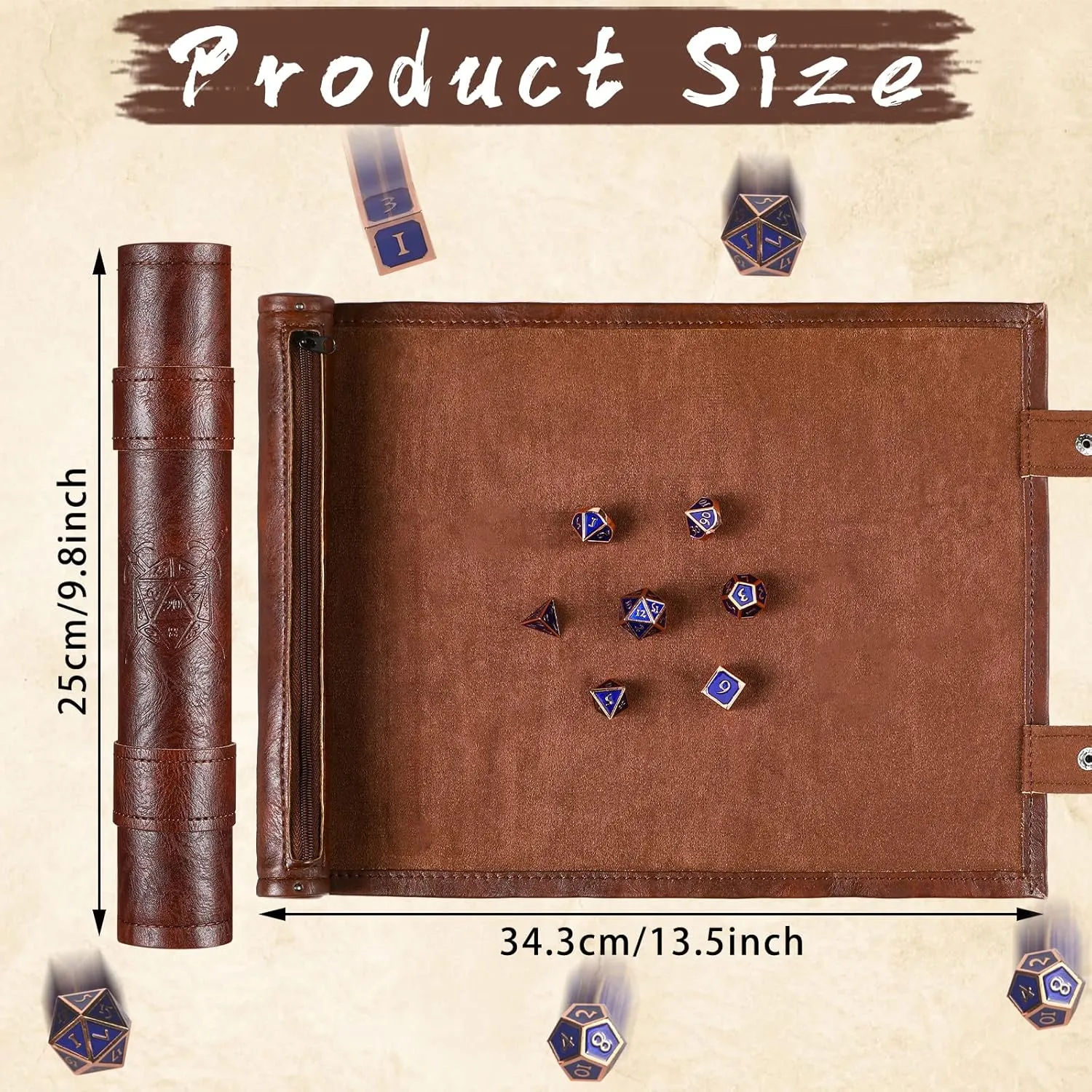 Civaner Dice Mat Tray Rolling Mat with Zipper PU Leather Folding Scroll Dice Bag Holder Table Christmas Game Accessories(Brown,1 Piece)