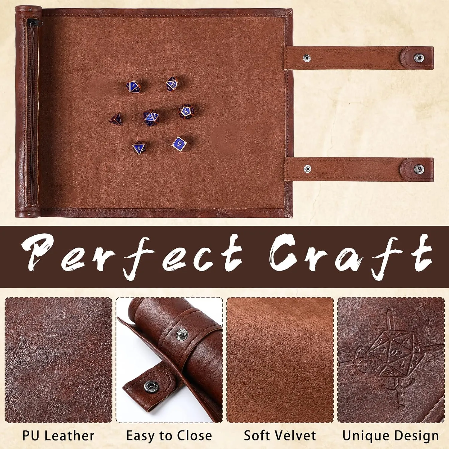 Civaner Dice Mat Tray Rolling Mat with Zipper PU Leather Folding Scroll Dice Bag Holder Table Christmas Game Accessories(Brown,1 Piece)