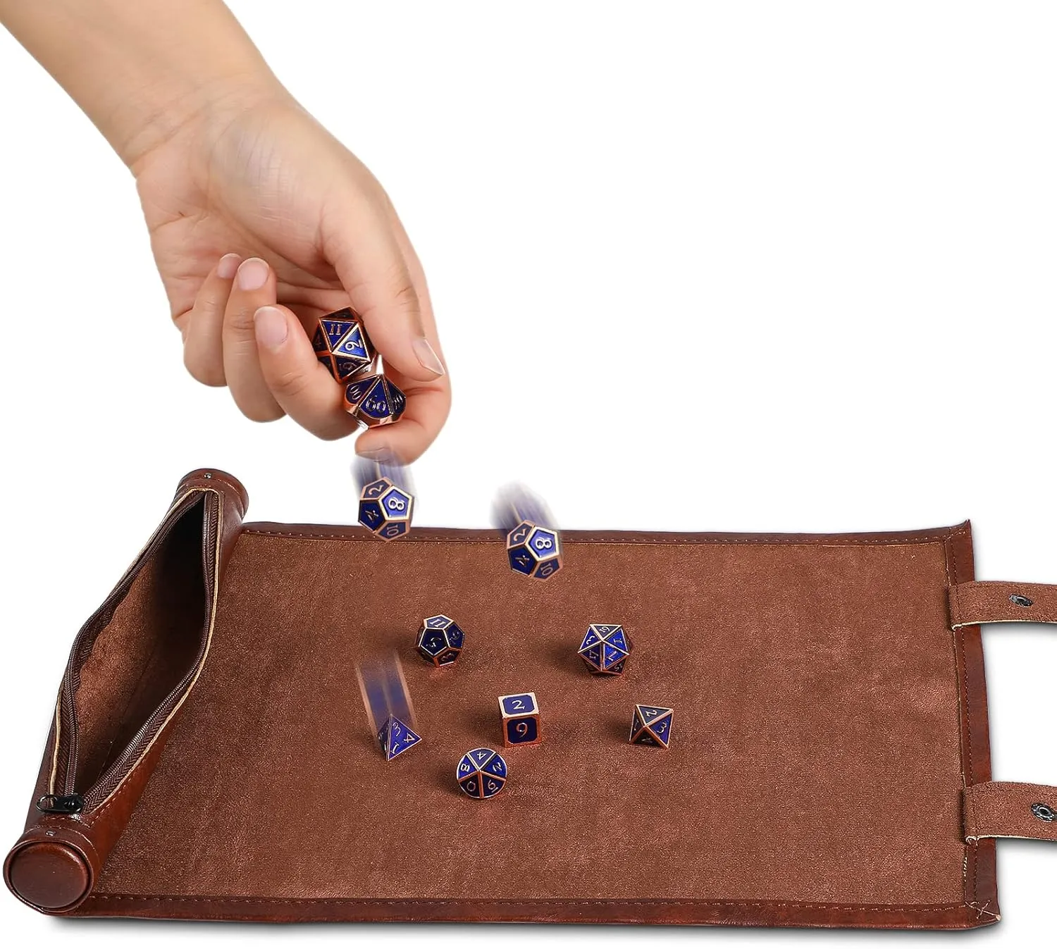 Civaner Dice Mat Tray Rolling Mat with Zipper PU Leather Folding Scroll Dice Bag Holder Table Christmas Game Accessories(Brown,1 Piece)