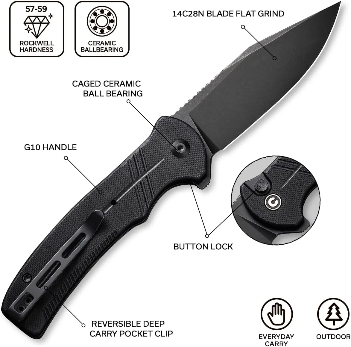 CIVIVI Cogent Button Lock Flipper Pocket Knife, 14C28N Blade G10 Handle, Good for Outdoor EDC Camping C20038D-1 (Black)