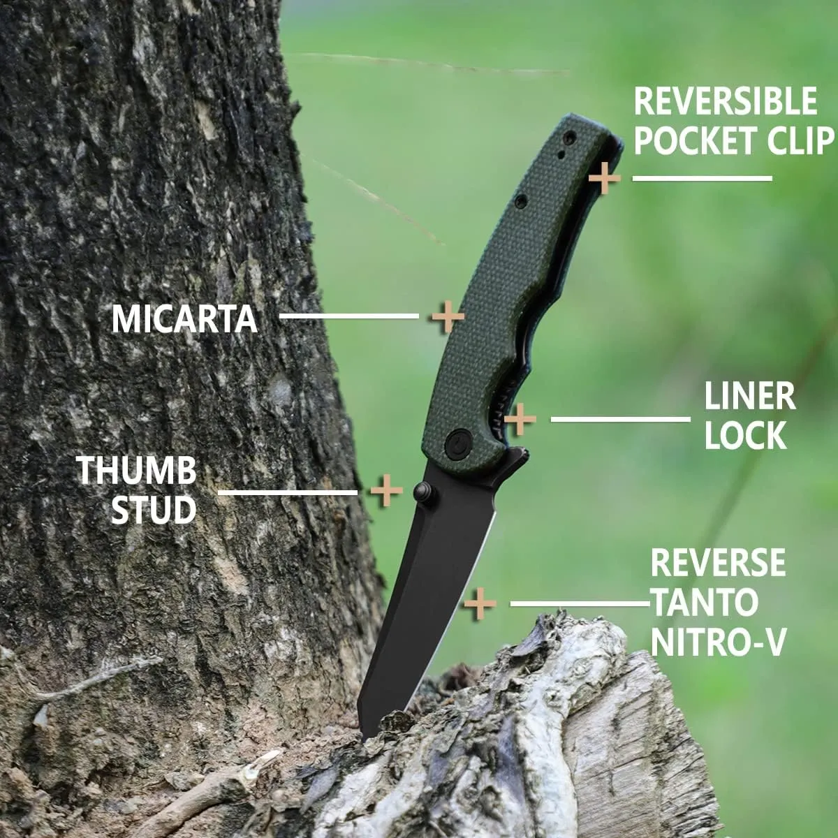 CIVIVI P87 Folder EDC Knife, Kaila Cumings 2.9-in Nitro-V Black Stonewashed Blade Reverse Tanto, Micarta Handle with A Thumb Stud Liner Lock Folding Pocket Knife for Everyday Carry (Green)