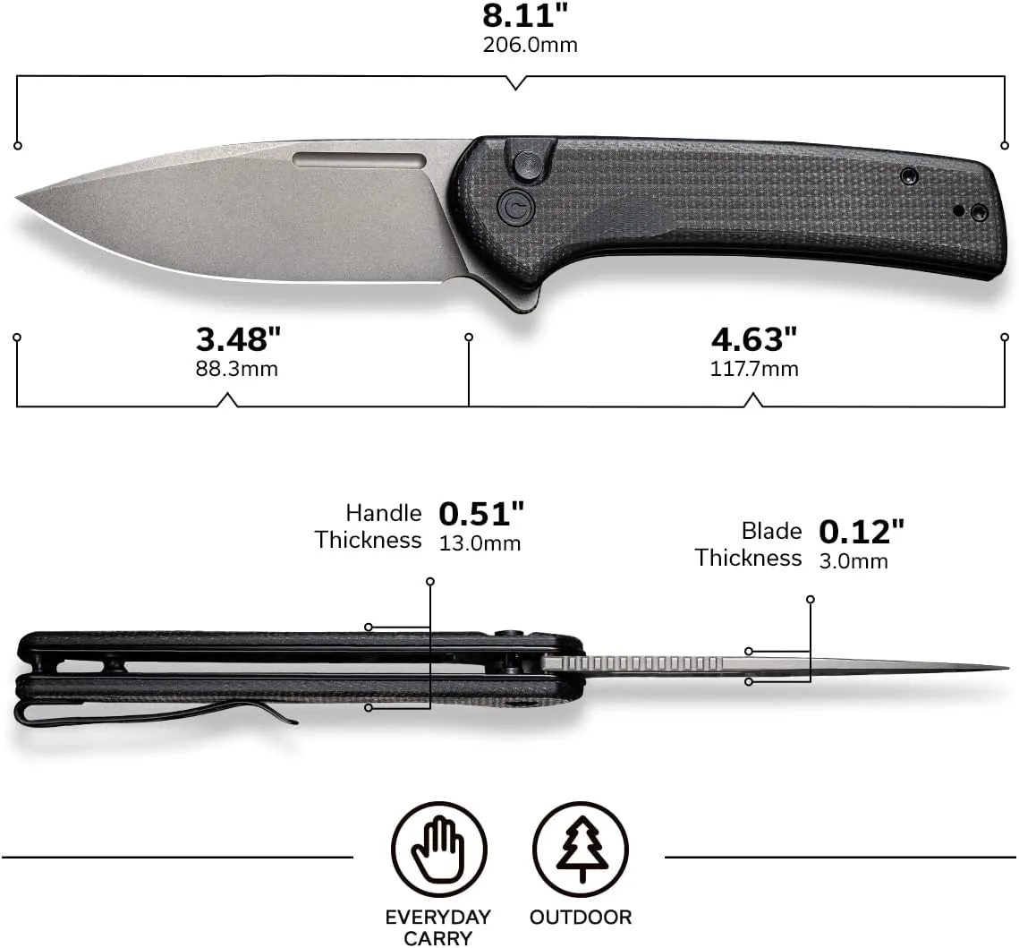 CIVIVI Pocket Knife for EDC, Conspirator Button Lock Folding Knife 3.48" Nitro-V Blade, Black Micarta Handle C21006-1