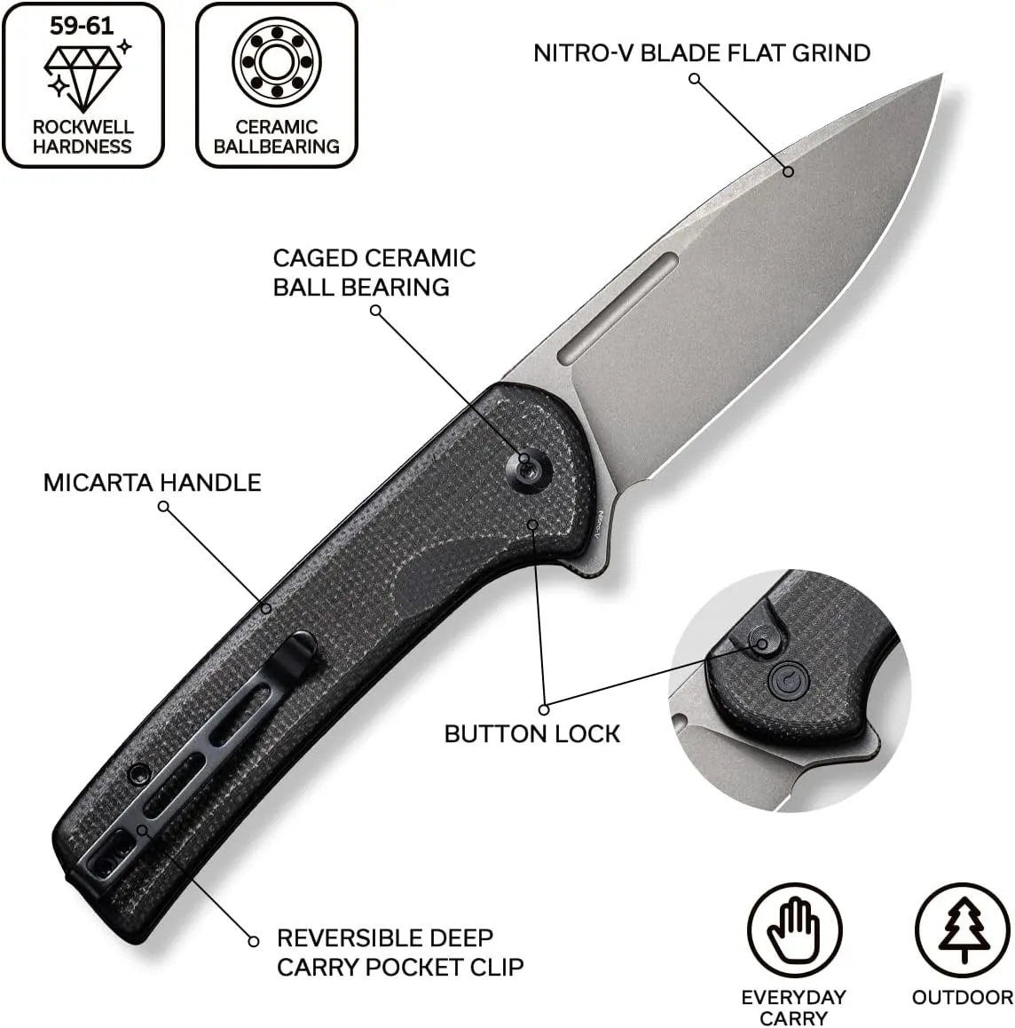 CIVIVI Pocket Knife for EDC, Conspirator Button Lock Folding Knife 3.48" Nitro-V Blade, Black Micarta Handle C21006-1