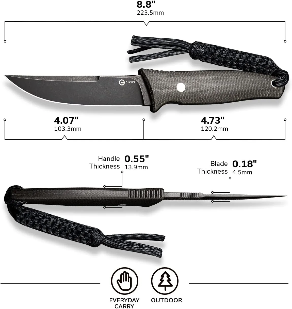 CIVIVI Tamashii Fixed Blade Knife with 4.07’’ D2 Blade Micarta Handle, Kydex Sheath, T-clip for EDC Outdoor Carry C19046-4