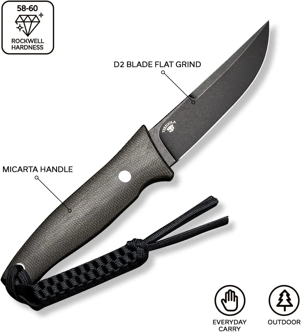 CIVIVI Tamashii Fixed Blade Knife with 4.07’’ D2 Blade Micarta Handle, Kydex Sheath, T-clip for EDC Outdoor Carry C19046-4