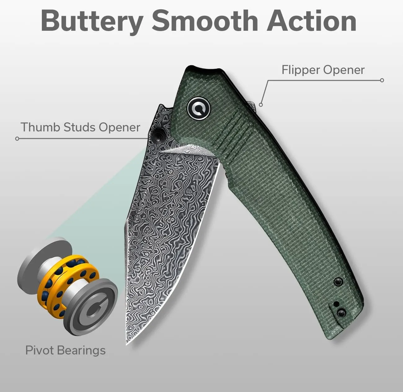 CIVIVI Tranquil Folding Pocket Knife for EDC, 3.7'' Damascus Forged Blade, Ergonomic Grip, Solid Liner Lock, Reversible Pocket Clip C23027-DS1（Green）