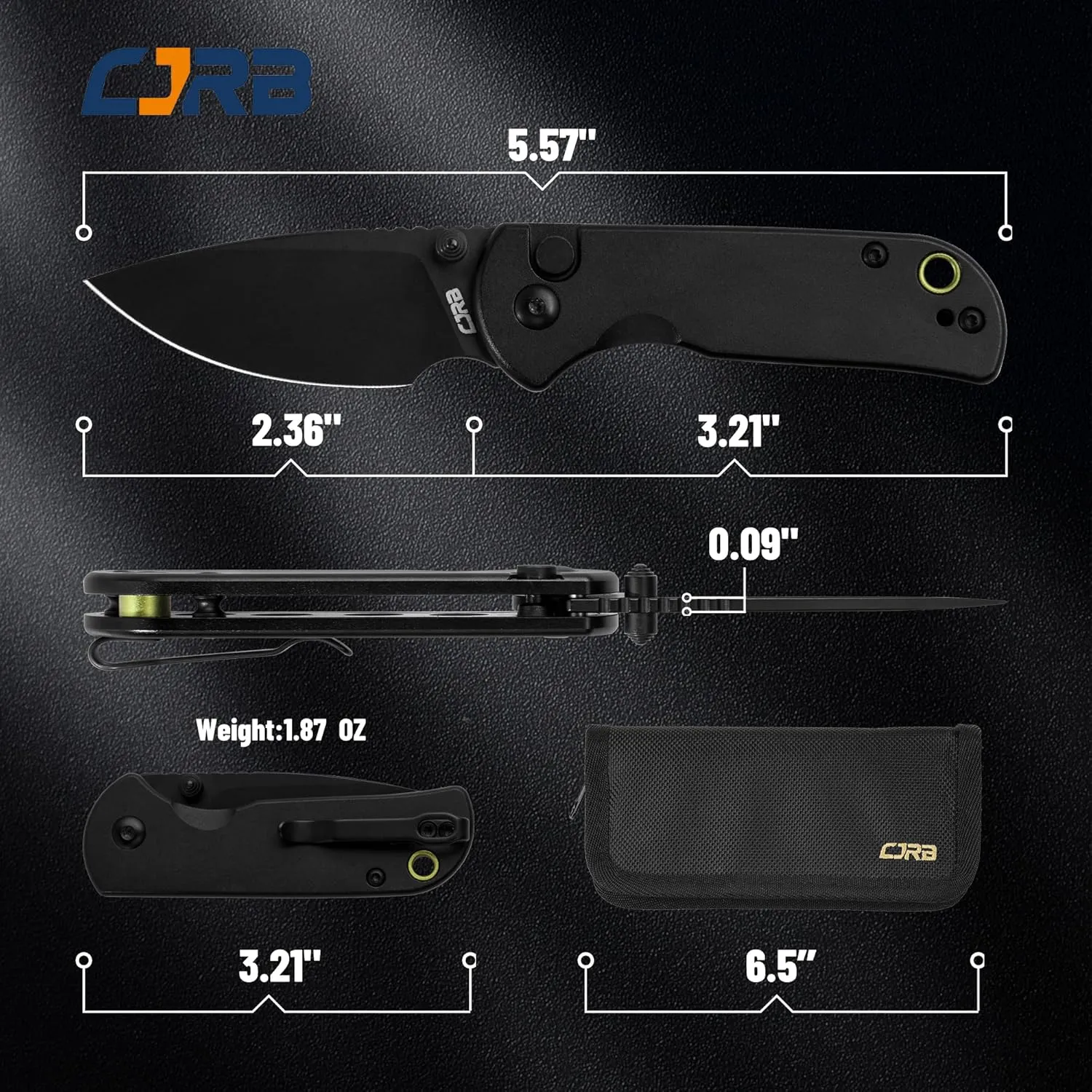 CJRB CUTLERY Pocket Knife for EDC Mica (J1934) Thumb Studs Folding Knife with 2.36" AR-RPM9 Steel Blade and Black Aluminum Handle,Ideal for Outdoor Hunting Camping