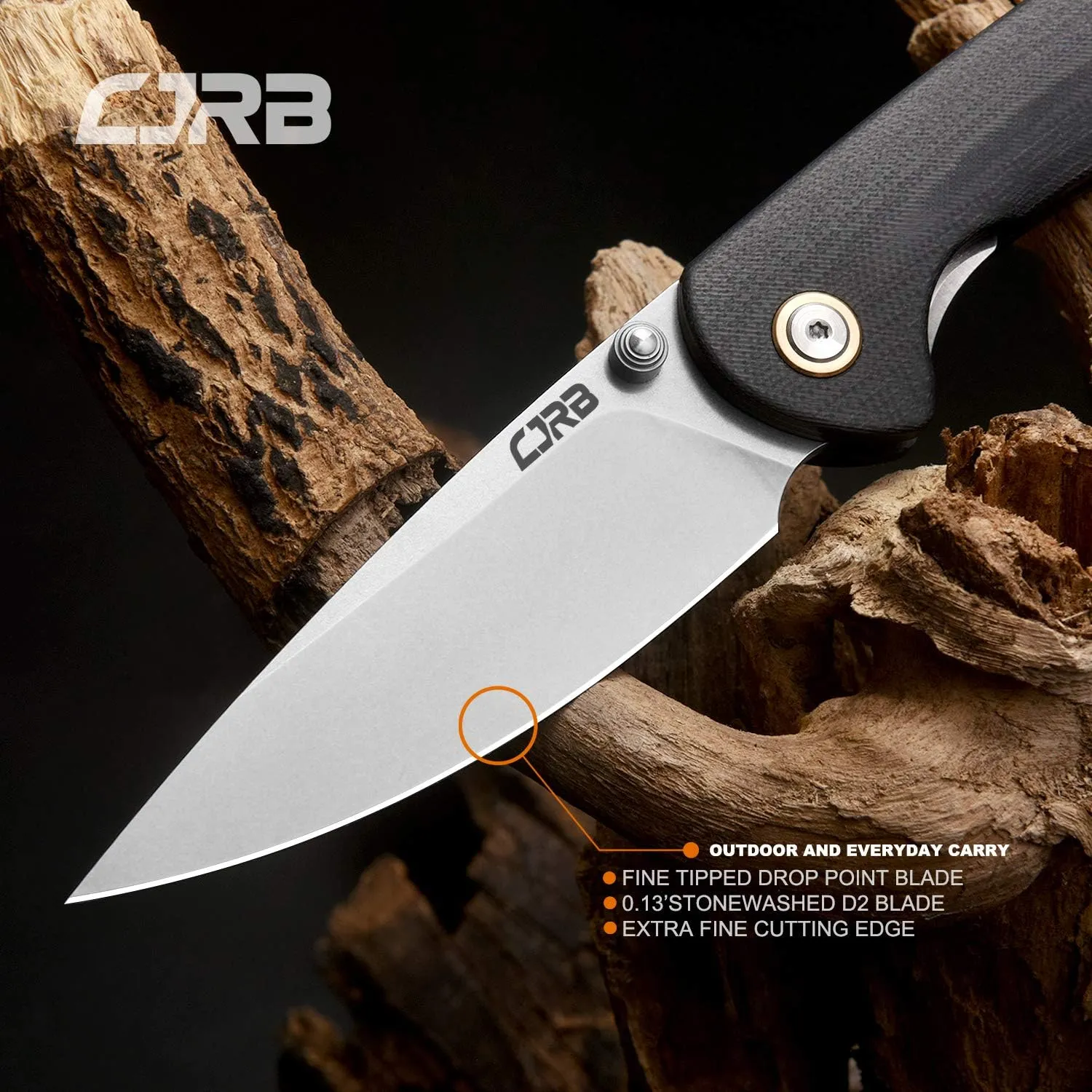 CJRB Folding Knife Feldspar Pocket Folding Knife Stonewash D2 Steel Blade G10 Tactical Handle EDC Knife Black Handle(J1912)
