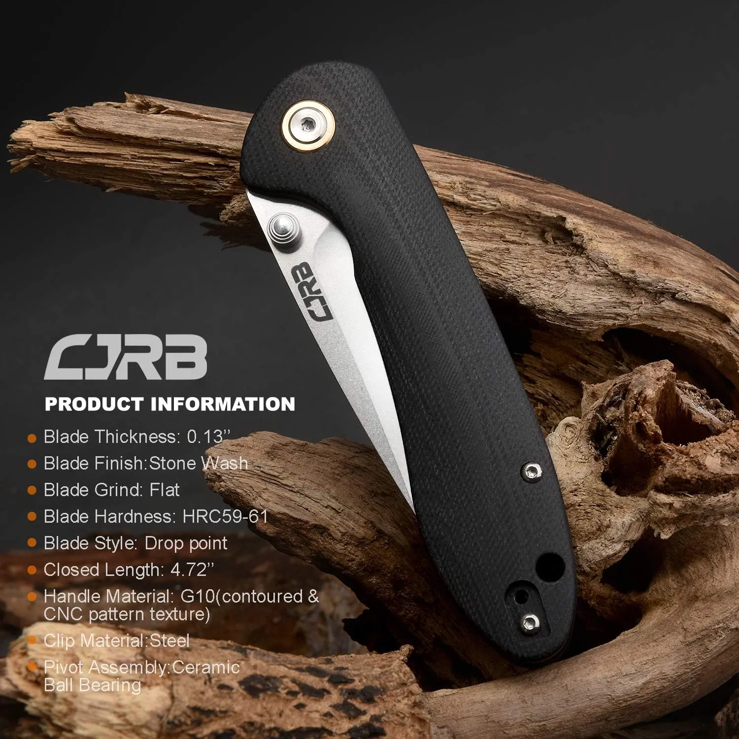 CJRB Folding Knife Feldspar Pocket Folding Knife Stonewash D2 Steel Blade G10 Tactical Handle EDC Knife Black Handle(J1912)