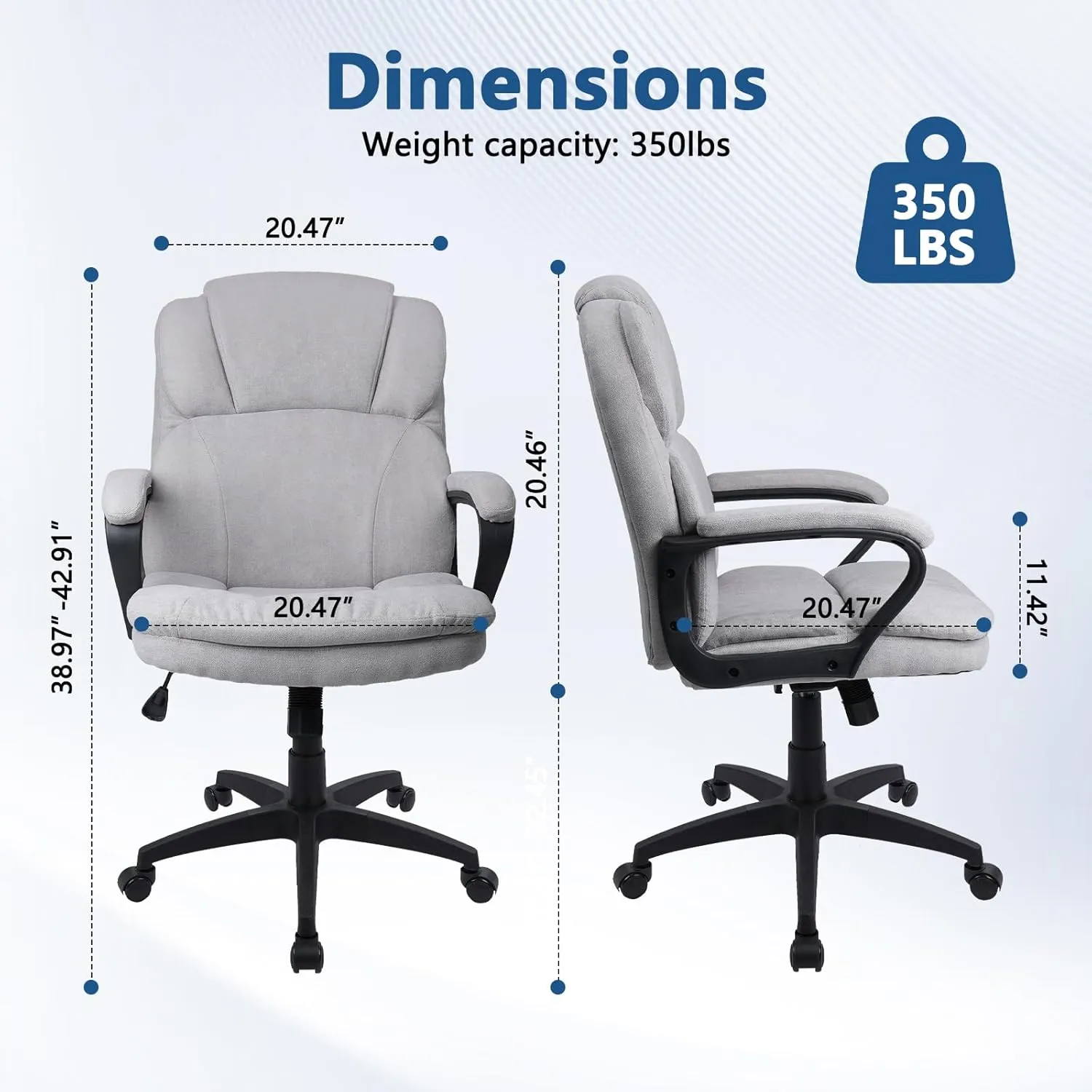 CLATINA Grey Cloth Office Chair Fabric Covered Desk Chair, Adjustable Height Swivel Chairs Ergonomic Executive Chair with Arms and Wheels Comfortable Upholstered, 350 LBS